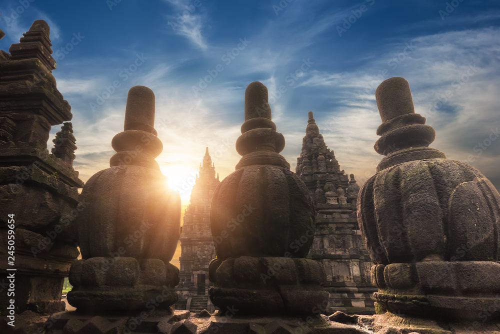 Amazing Prambanan Temple against sunrise sky. Indonesia