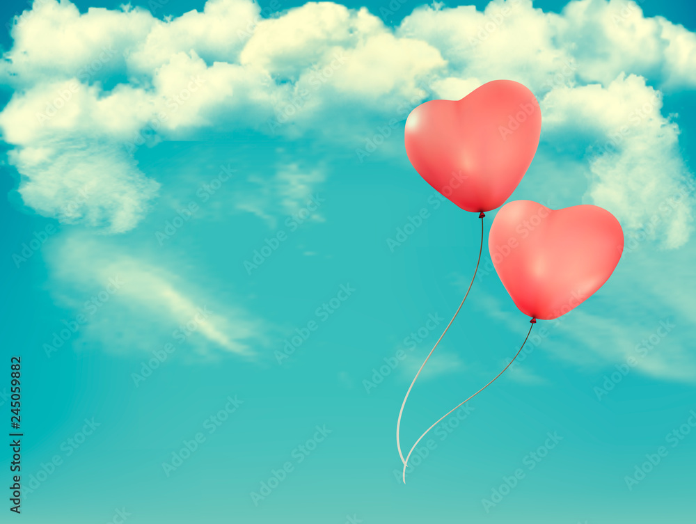 Valentine heart-shaped baloons in a blue sky with clouds. Vector background