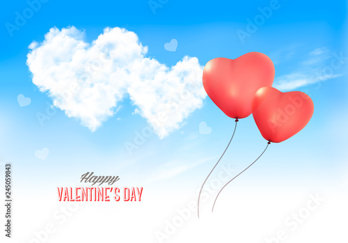 Two valentine heart-shaped baloons in a blue sky with clouds. Vector background