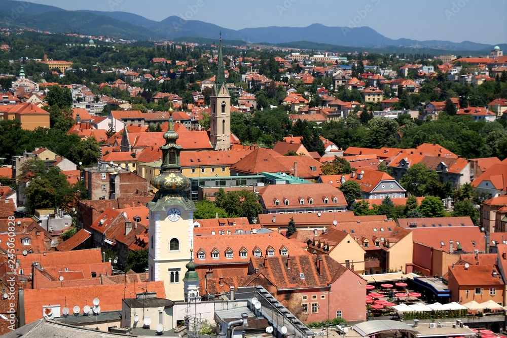 Aerial view of uptown in Zagreb, Croatia on a sunny day.