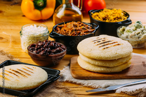 typical breakfast of Venezuela and Colombia, Arepas with many ingredients to fill them