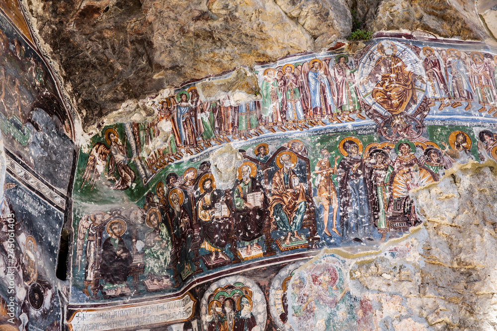 Sumela Monastery Courtyard Under The Rock Remains Of Old Fresco Are