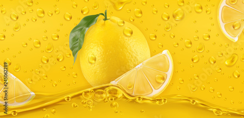 Yellow drops. Lemon. 3d realistic vector