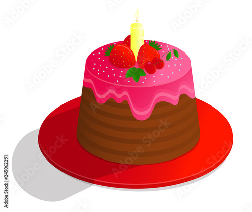 Vector drawing colorful chocolate cake of a decorated with decor  cream and fruits  on white background