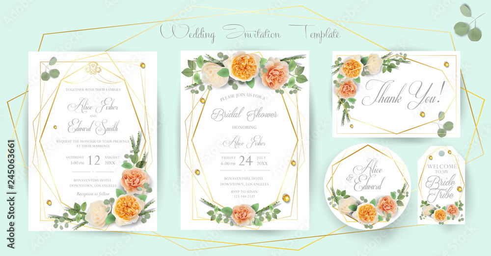Floral Wedding Invitation elegant, thank you, rsvp, Save the Date, card template Design garden flowers pink peach Rose, Eucalyptus leafs greenery, bouquet, gold geometric frame marble background