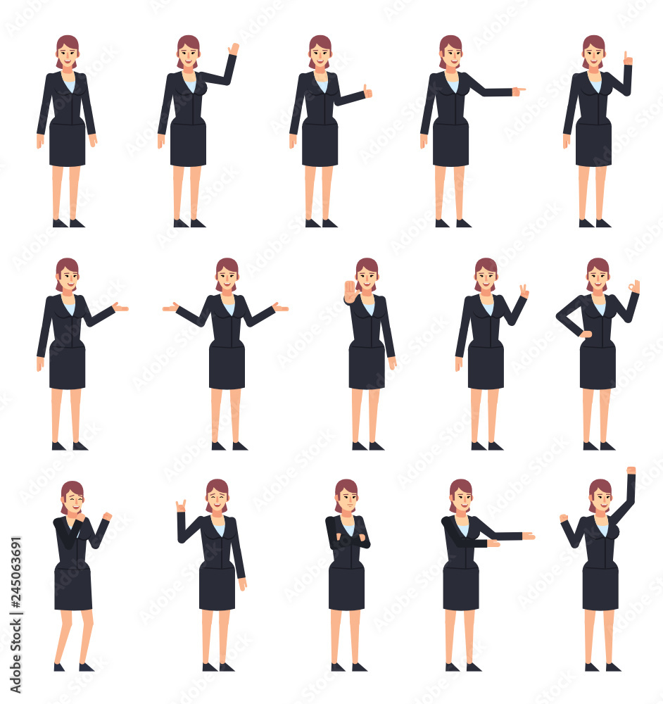 Set of businesswoman characters showing various hand gestures. Woman in dark suit pointing, greeting, showing thumb up, victory hand and other gestures. Flat design vector illustration