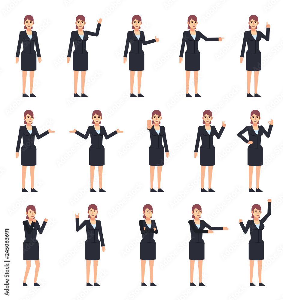 Set of businesswoman characters showing various hand gestures. Woman in dark suit pointing, greeting, showing thumb up, victory hand and other gestures. Flat design vector illustration Set of businesswoman characters showing various hand gestures. Woman in dark suit pointing, greeting, showing thumb up, victory hand and other gestures. Flat design vector illustration