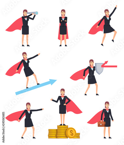 Set of business woman with super hero cloak. Confident woman showing hero poses, actions. Business leader. Flat design vector illustration
