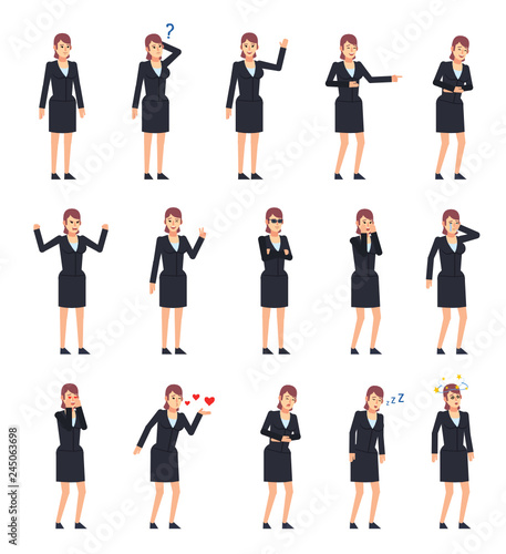 Set of businesswoman characters showing diverse emotions. Woman in dark suit laughing, crying, tired, angry, sleeping, in love and showing other expressions. Flat design vector illustration