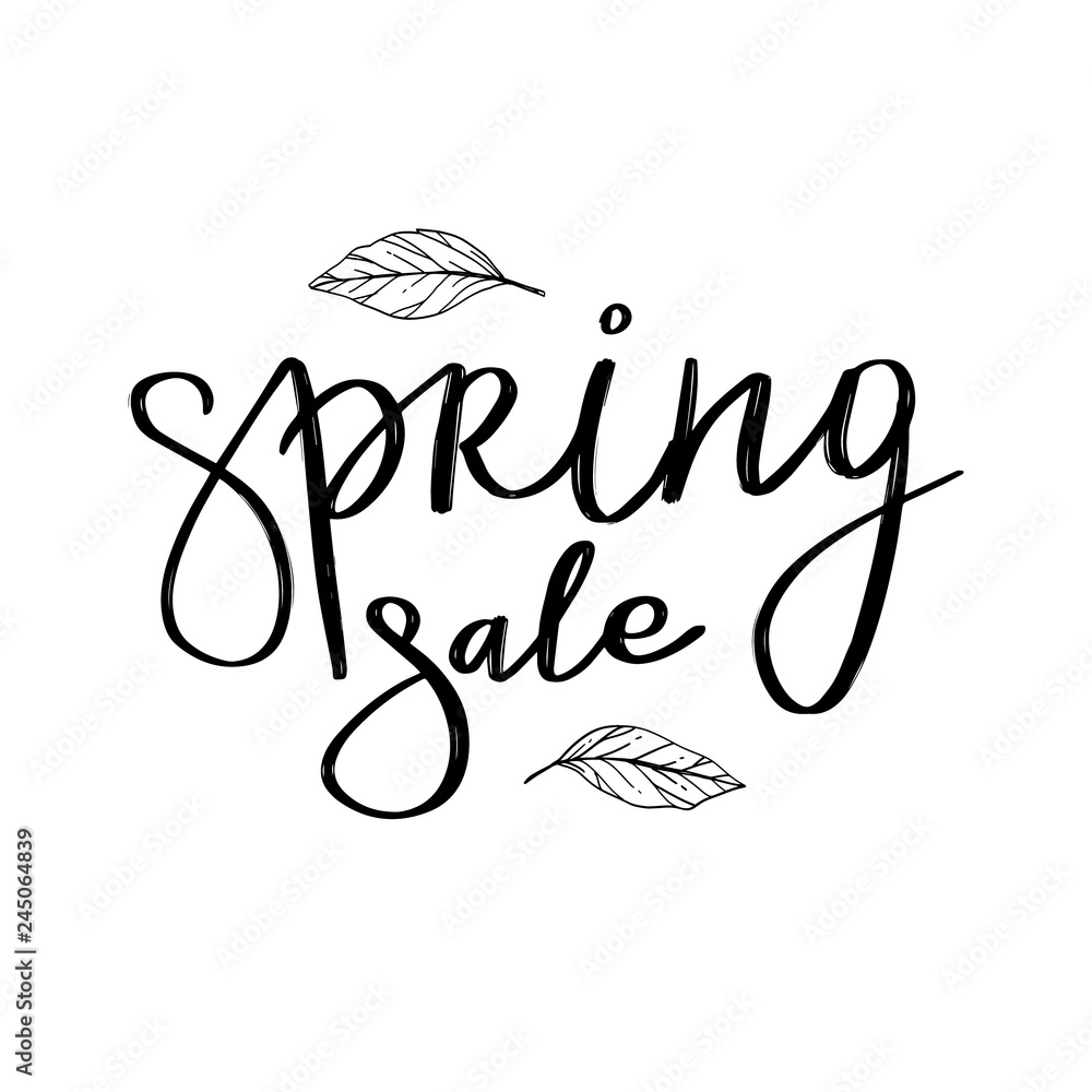 Obraz premium Vector hand lettering illustration. Spring sale calligraphy with floral branches and leaves. Design composition with typography elements.