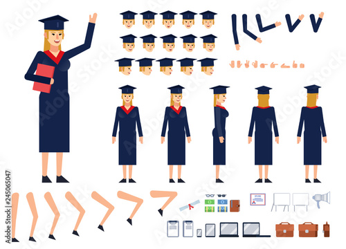 Female graduate student in dark mantle creation kit. Create your own pose, action, animation. Various emotions, gestures, design elements. Flat design vector illustration