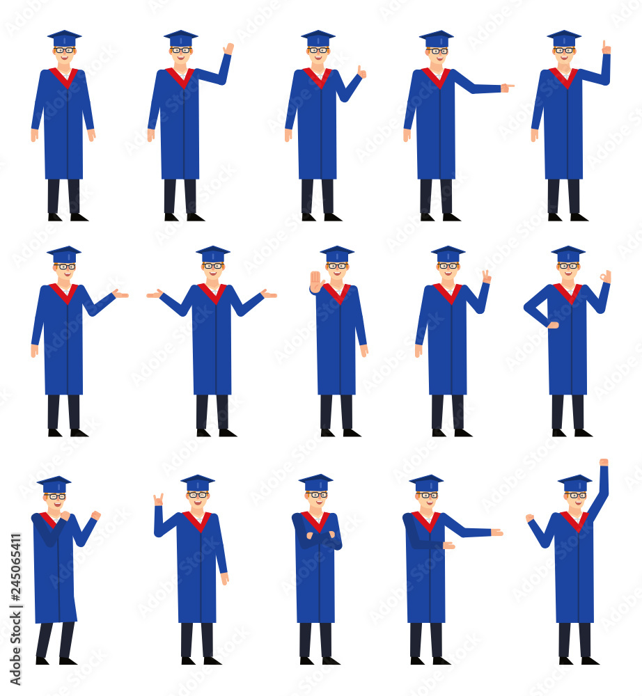 Set of graduate students showing various hand gestures. Graduate in blue mantle pointing, greeting, showing victory hand and other gestures. Flat design vector illustration