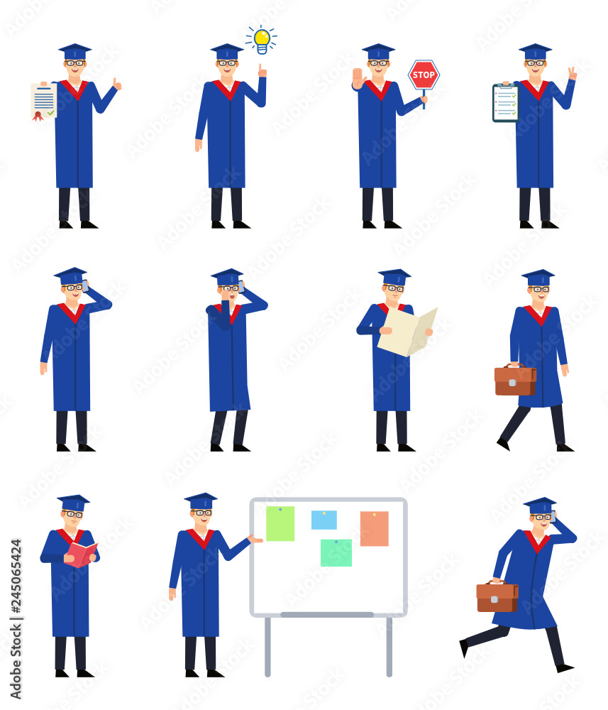 Set of graduate students showing various actions. Graduate in blue robe holding document, talking on phone, reading and showing other actions. Flat design vector illustration Set of graduate students showing various actions. Graduate in blue robe holding document, talking on phone, reading and showing other actions. Flat design vector illustration