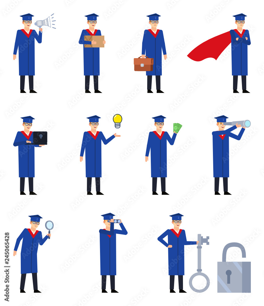 Set of graduate students showing various actions. Graduate in blue robe searching with magnifier, holding loudspeaker, spyglass and showing other actions. Flat design vector illustration Set of graduate students showing various actions. Graduate in blue robe searching with magnifier, holding loudspeaker, spyglass and showing other actions. Flat design vector illustration