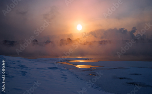 Sunset at the river Angara in town Irkutsk