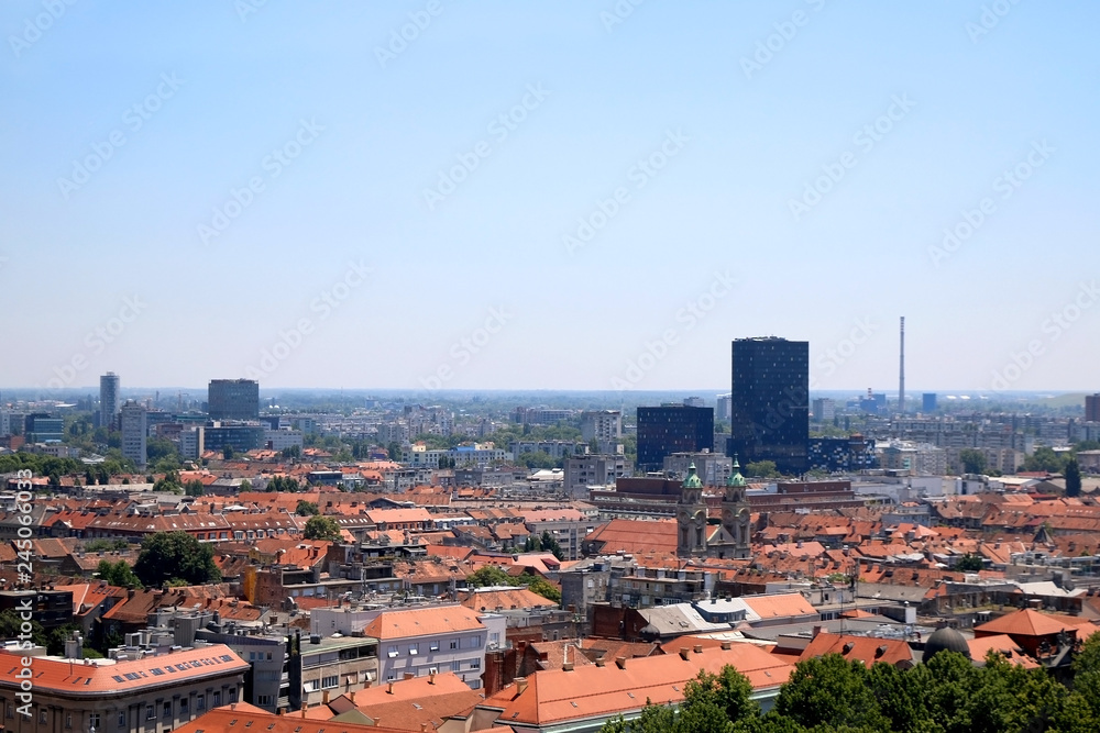 Aerial view of downtown in Zagreb, Croatia on a sunny day.