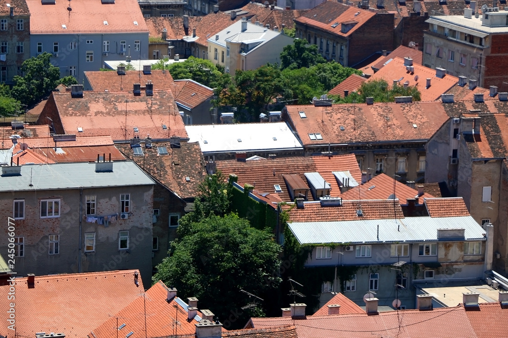 Aerial view of downtown in Zagreb, Croatia on a sunny day.