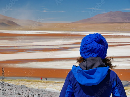 Obraz na płótnie Young woman Laguna Colorada, Bolivia w salonie