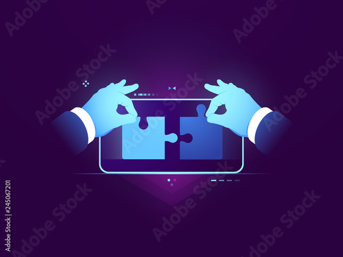 Mobile application testing, connection of two pieces of puzzle, ux ui design development concept, user experience and interface building for mobile application flat vector