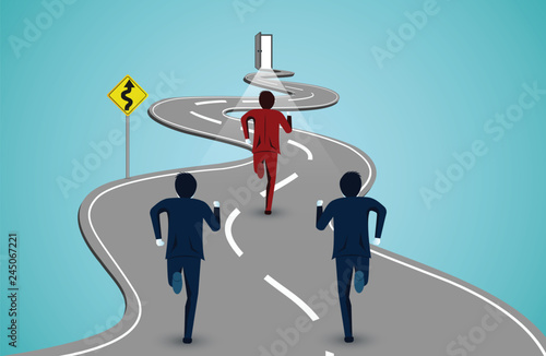 Leadership concept. Businessmen running competition on a winding road. go to success goals. business finance concept. creative idea. illustration cartoon vector