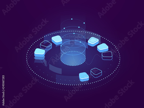 Abstract banner of Data visualization, big data processing, cloud storage and server hosting, internet cyberspace, futuristic holographic interface, database and cloud storage isometric flat