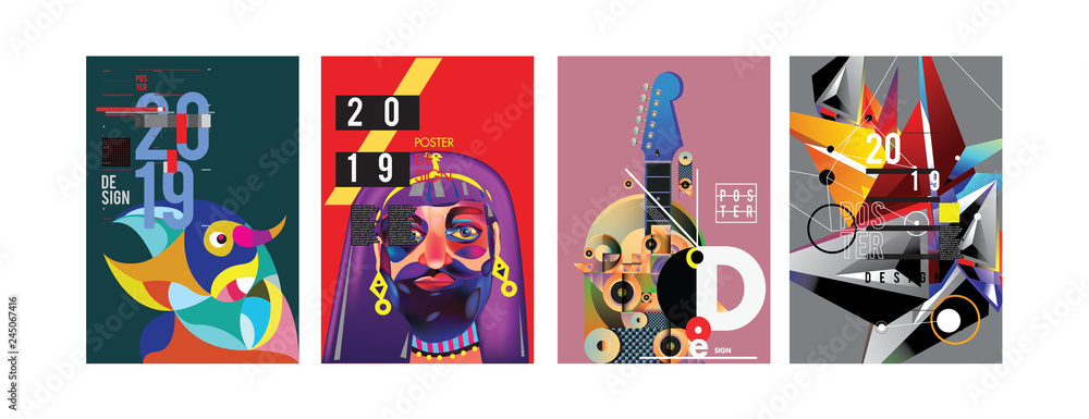 2019 New Poster and Cover Design Template for Magazine. Trendy Vector Typography and Colorful Illustration Collage for Cover and Page Layout Design Template in eps10. 2019 New Poster and Cover Design Template for Magazine. Trendy Vector Typography and Colorful Illustration Collage for Cover and Page Layout Design Template in eps10.