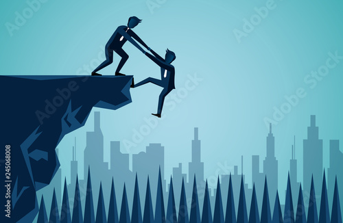 Business teamwork. one businessman is helping to pull one more person up to on cliff. to achieve the ultimate goal. Unity in the organization. illustration cartoon vector