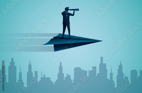One Businessmen standing holding binoculars on a paper plane while flying above a city. go to target business success. startup. illustration cartoon vector
