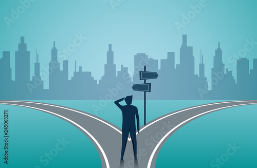Businessmen standing on the road the crossroad. Concept of important choices of a business. Decide direction. Human standing choice of ways. illustration cartoon vector