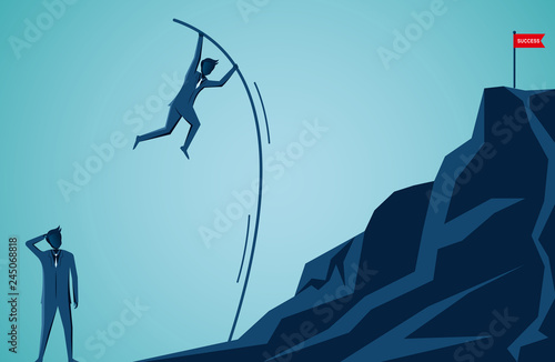 Businessmen competition are jumping using Wood to help go to the red flag target on the Moutain. to overcome obstacle for the ultimate goal. business finance success. cartoon vector