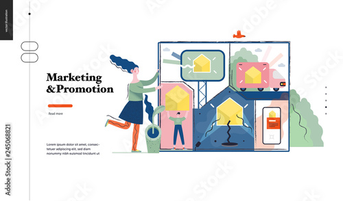 Technology 1 -Marketing and Promotion modern flat vector concept digital illustration marketing metaphor, company brand promotion. Business workflow management Creative landing web page design