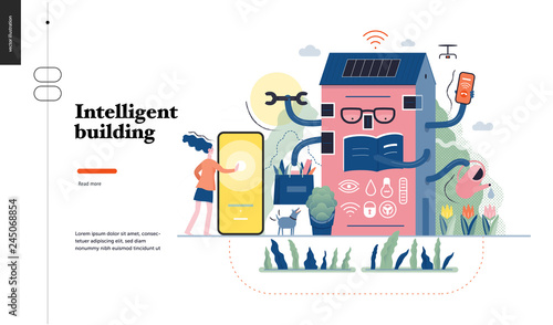 Technology 1-Intelligent building, modern flat vector concept digital illustration Smart house and management metaphor -woman and building resolving problems. Creative landing web page design template