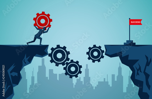 business finance success concept.  businessman who raised the red gear to be a bridge leads to the goal red flag. So that the organization can be driven. illustration cartoon vector