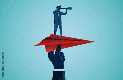 One Businessmen standing holding binoculars on a red paper plane with a human hand caught prepare to release to the goal.  business success. startup. leadership. illustration cartoon vector