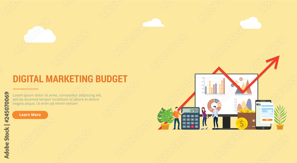 website design landing page ui ux for digital marketing budget financial campaign for advertising team people working together with graph and chart - vector website design landing page ui ux for digital marketing budget financial campaign for advertising team people working together with graph and chart - vector