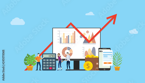 digital marketing budget financial campaign for advertising team people working together with graph and chart - vector