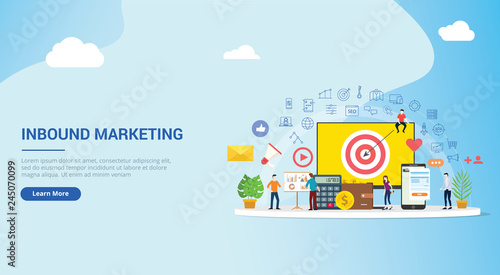 website design landing page ui ux for inbound marketing concept strategy team working together with big screen goals and graph chart and icon spread - vector