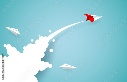 Red paper plane changing direction from white up to the sky. new idea. different business concepts. Courage to risk. leadership. illustration cartoon vector