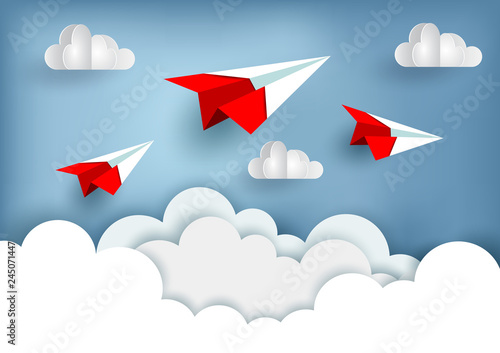 red paper plane up to the sky while flying above a cloud. business finance success. leadership. creative idea. illustration cartoon vector