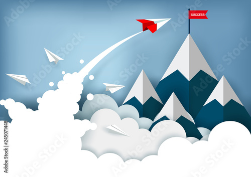 red paper plane are flying to the red flag target on mountains while flying above a cloud. business finance success. leadership. creative idea. startup. illustration cartoon vector