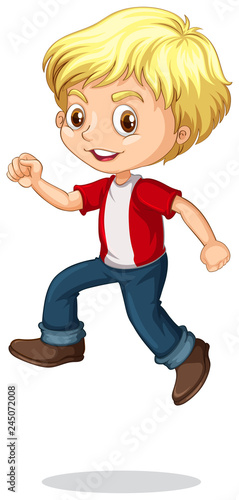 A blond boy jumping