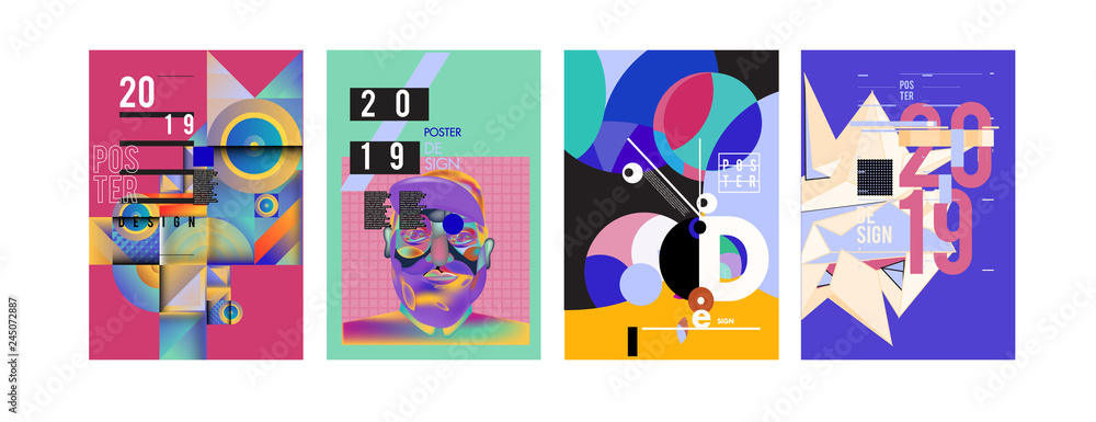 Fototapeta premium 2019 New Poster and Cover Design Template for Magazine. Trendy Vector Typography and Colorful Illustration Collage for Cover and Page Layout Design Template in eps10.