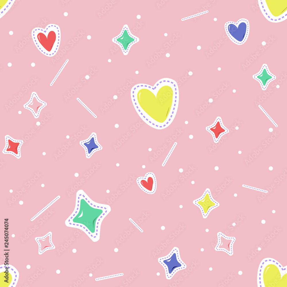 Pink pattern with stickers hearts and stars Pink pattern with stickers hearts and stars