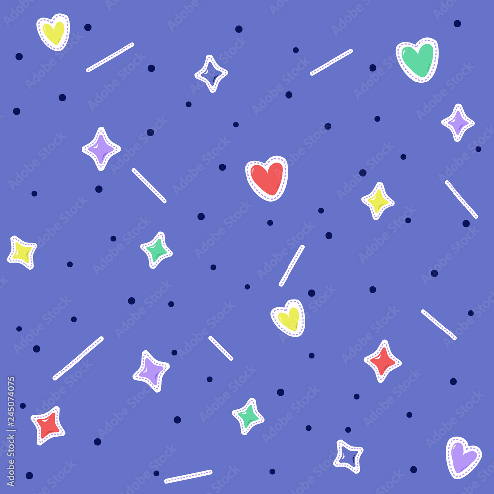 Pattern with stickers hearts and stars on violet background Pattern with stickers hearts and stars on violet background