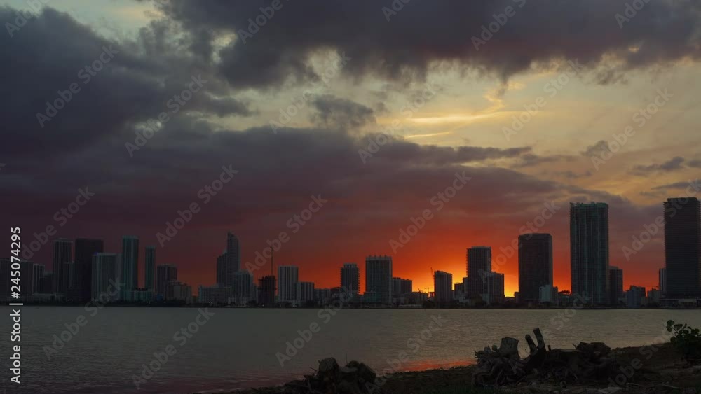 Dramatic Orange sunset settles over the coastline of Miami Beach, Florida Dramatic Orange sunset settles over the coastline of Miami Beach, Florida