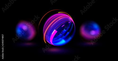 3D Atom icon. Nuclear model on dark background. Glowing bots structure.  Physics electrons concept. Ray ring ball. Micro model proton. Glow core. Light cell. Magic orb. Bright circle. Optical flare.