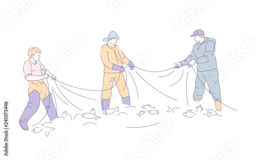 Fishing net fishermen in gumboots catching fish