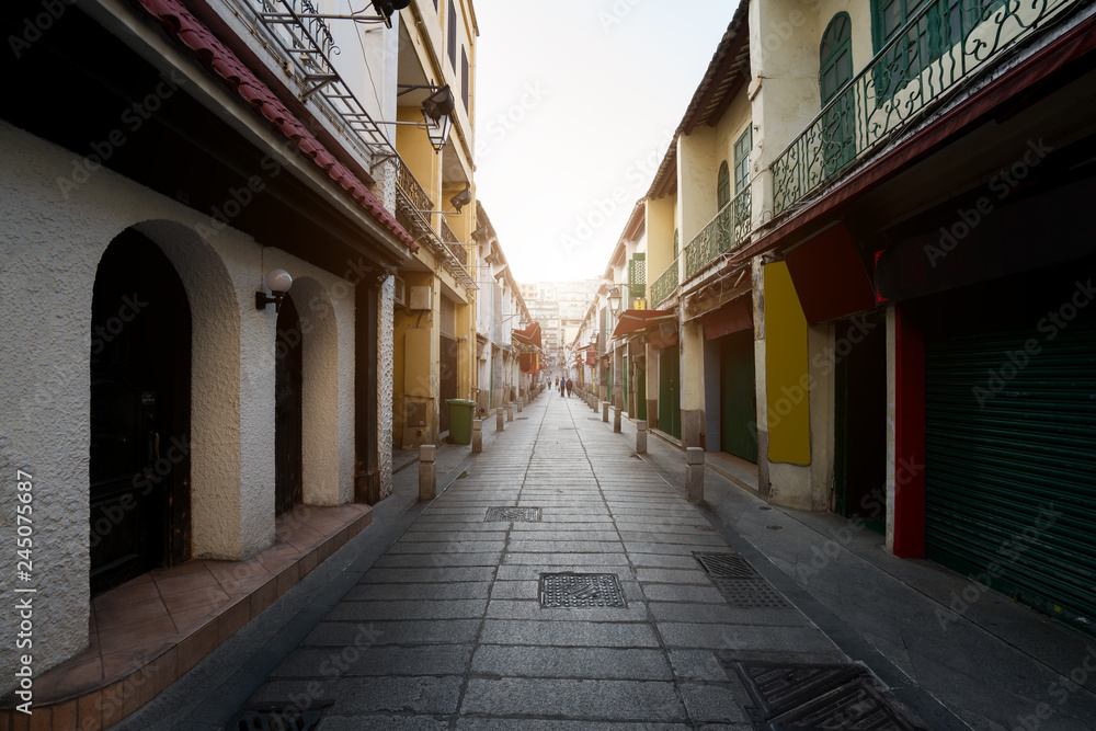 Fototapeta premium Scenic street in the old town in Macau (Macao) in Rua da Felicidade area in Macau (Macao), China.