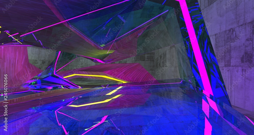 Abstract Concrete Futuristic Sci-Fi interior With Violet And Yellow Glowing Neon Tubes . 3D illustration and rendering. Abstract Concrete Futuristic Sci-Fi interior With Violet And Yellow Glowing Neon Tubes . 3D illustration and rendering.