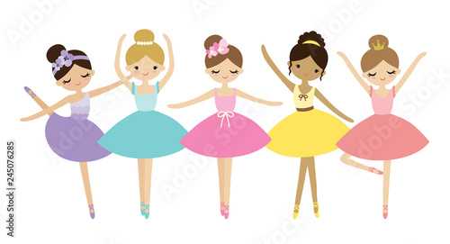 Vector illustration of cute dancing little ballerinas. Prima ballerinas in tutu ballet costumes.